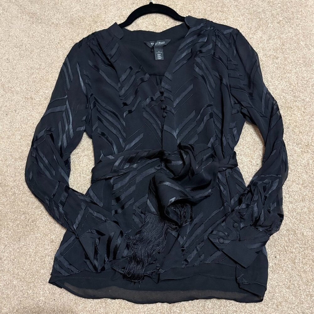 WHBM silk blend fringe tie belt whimsigoth 90s inspired long sleeve blouse‎